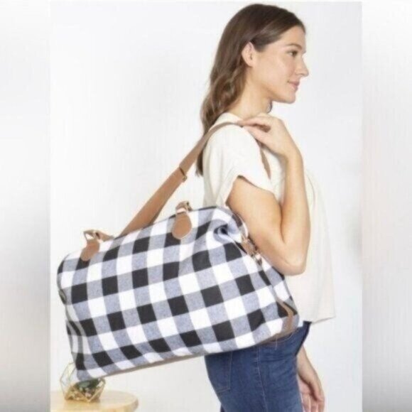 Black & White Buffalo Plaid Weekender Bag With Faux Leather Handles & Adjustable - Picture 2 of 7